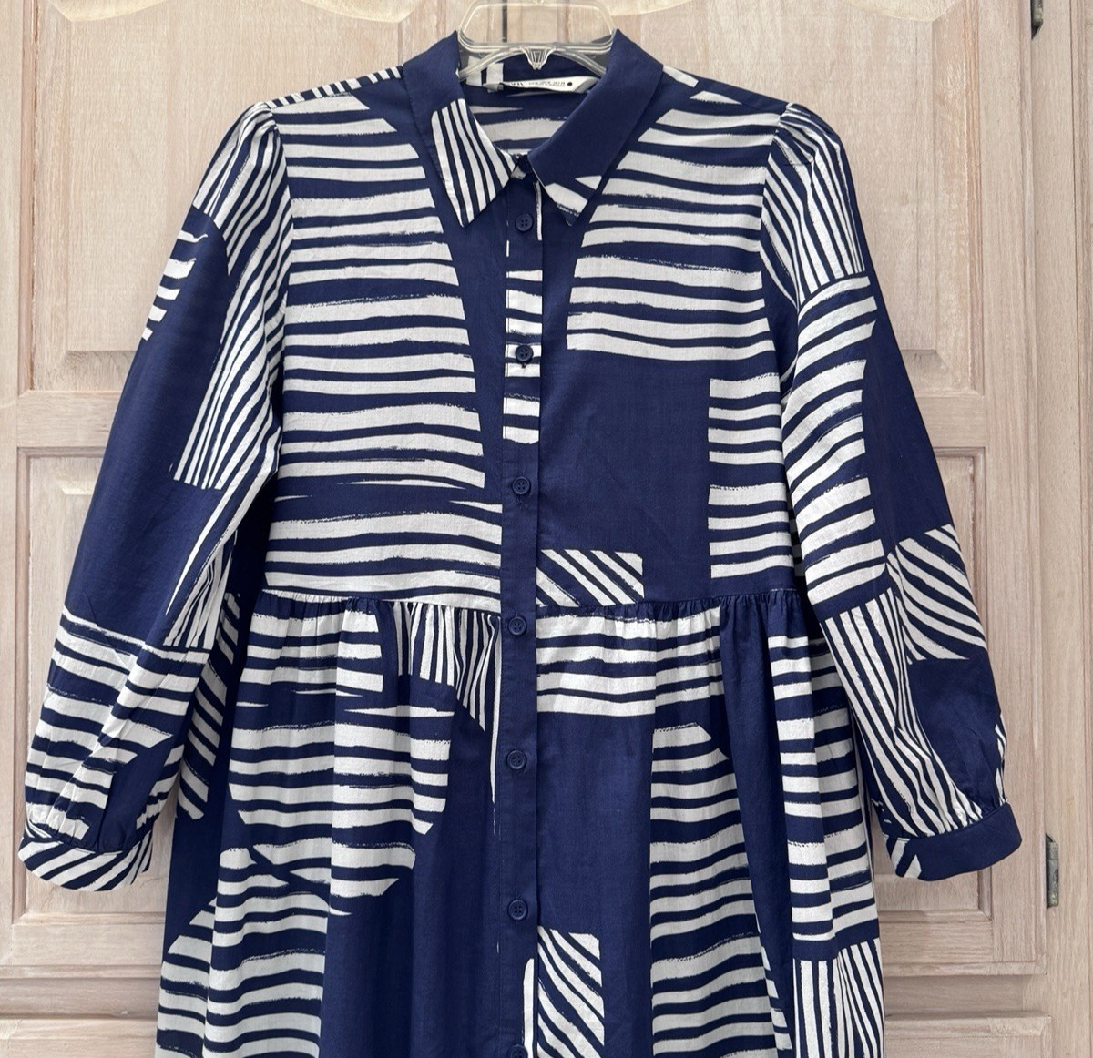 Zara Navy Blue & White Geometric Button Front Tiered Midi Dress Size Medium