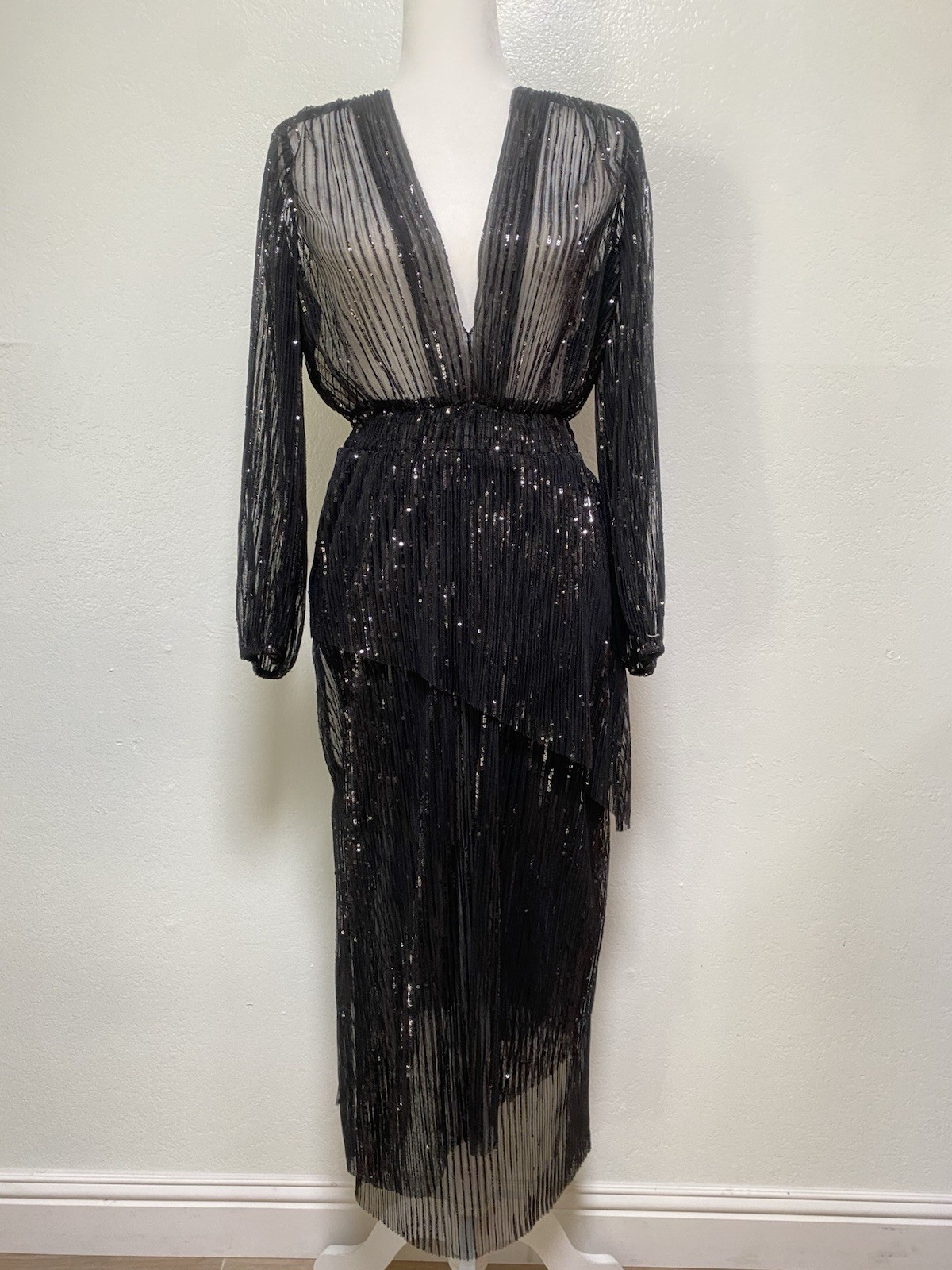 Maje Reota Sequined Asymmetric Midi Dress $595 Women’s S 36 Black No Slip