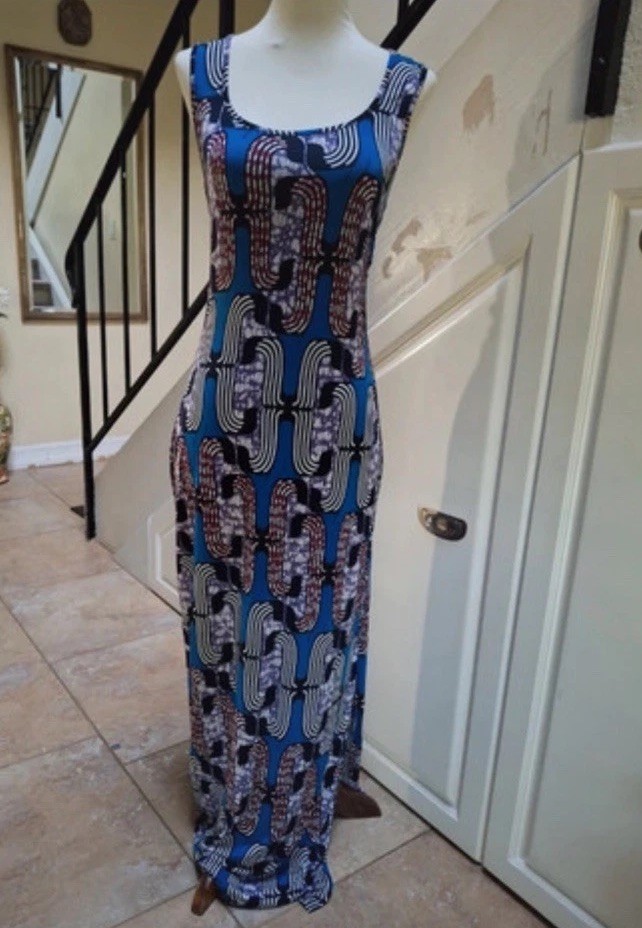 NWT MISA Los Angeles Blue Patterned Sleeveless Tank Maxi Dress. Size Large