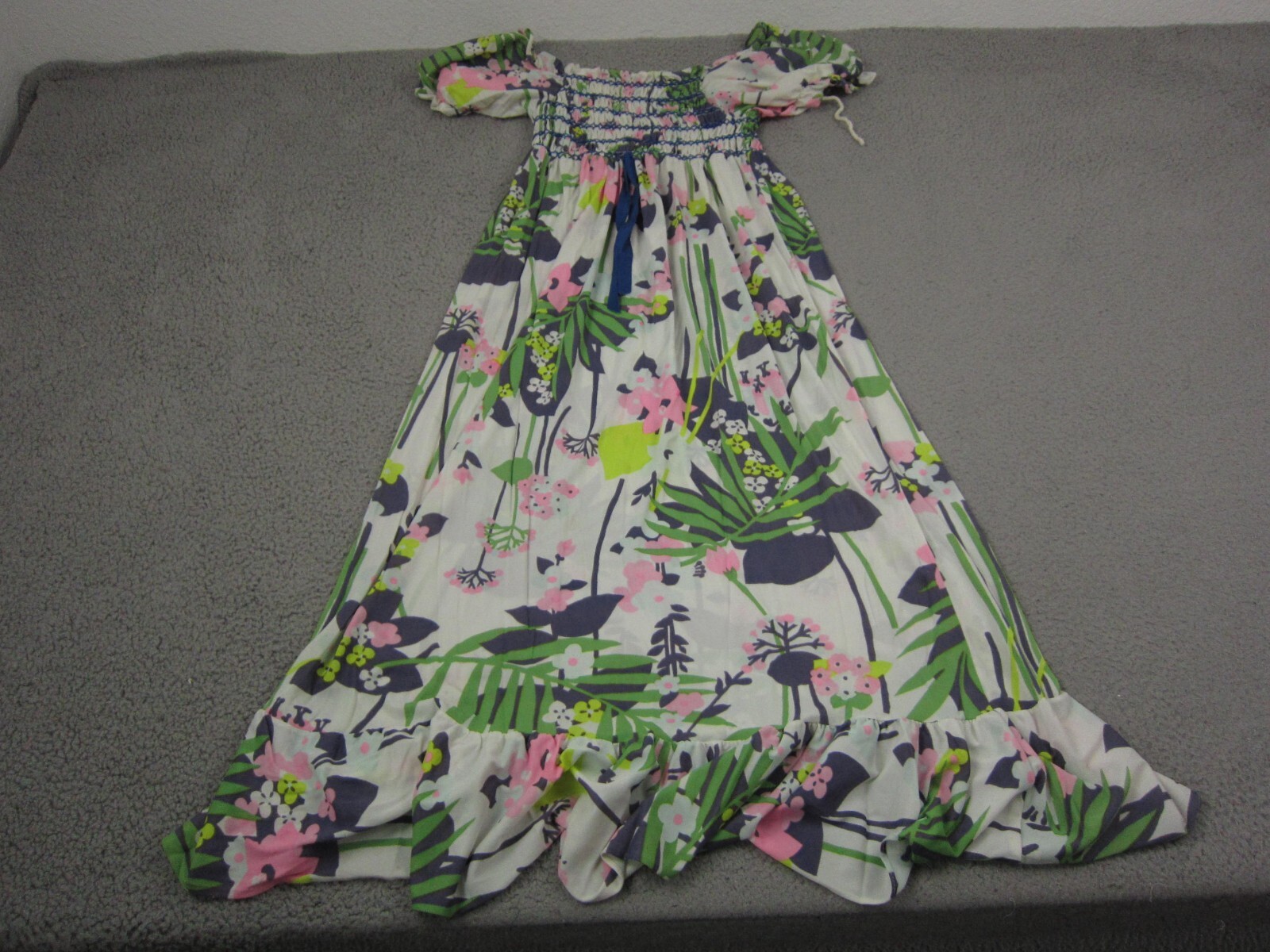 True Vintage Mod Dress Womens Large White Purple Floral Off Shoulder Smocked 70s