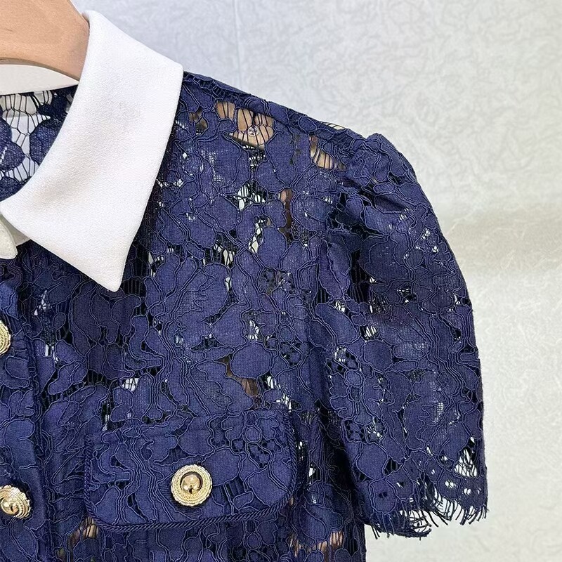 Self-Portrait Dark blue Lace Splicing Color contrast Flip collar Dresses