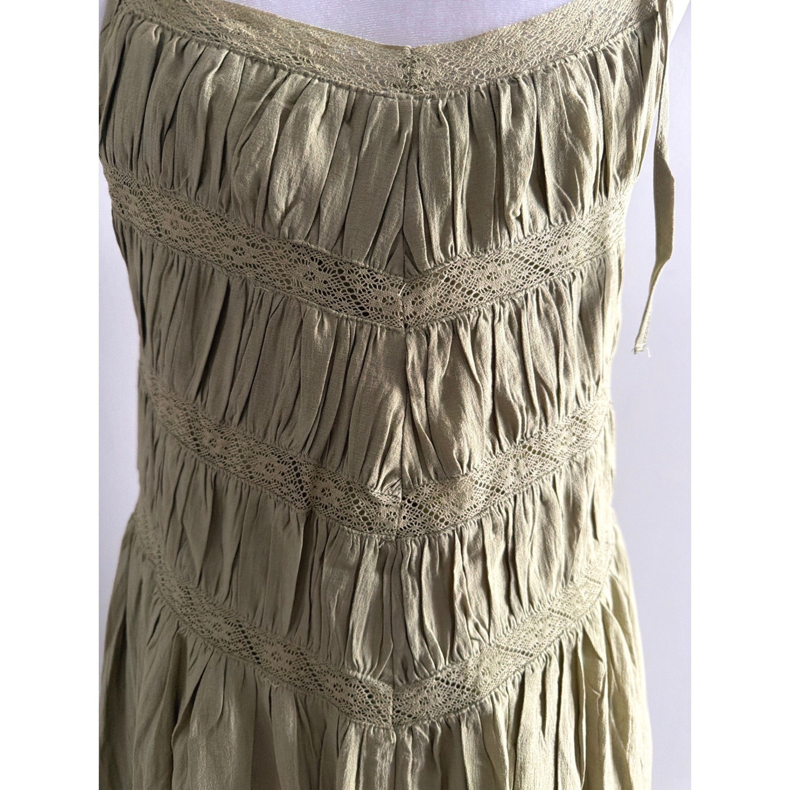 Storia Boho Green Crochet Lace Chevron Tie Strap Pleated Midi Dress Sleeveless S