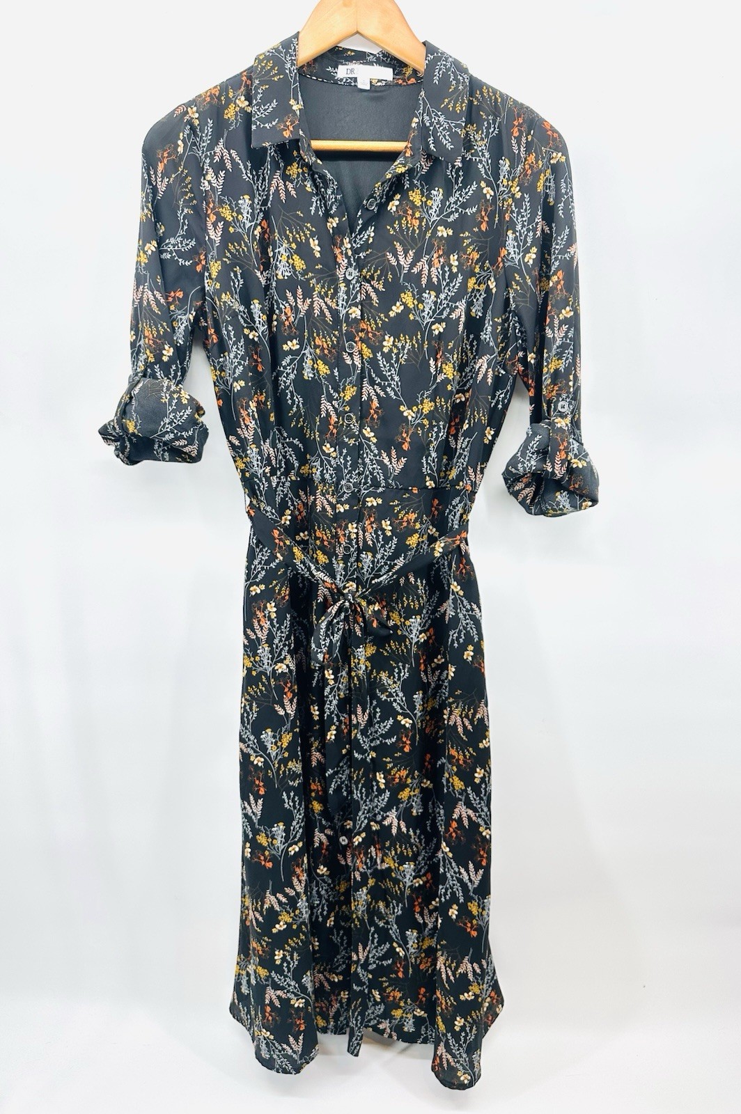 DR2 Womens Small Black Floral Shirt Dress Tie Waist Button Front Boho Midi QQ27