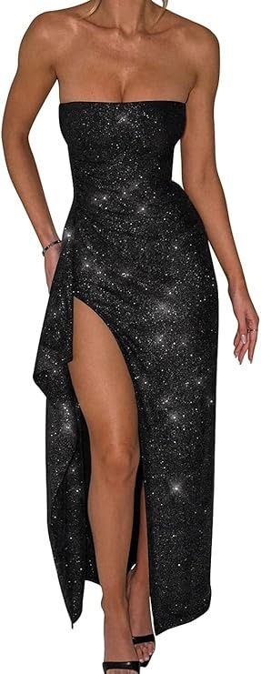 Memoriesea Women’s Sexy Tube Ruched Strapless High Split Bodycon Dress – Black S