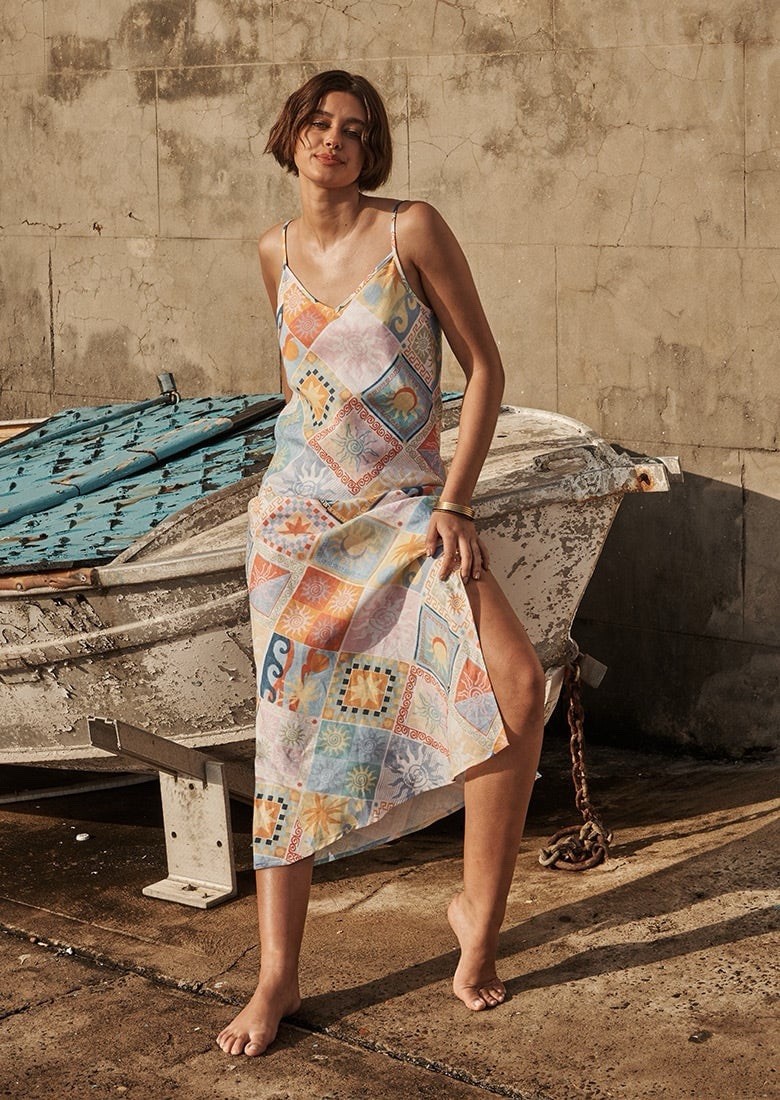 Ghanda 1984 Fauna Maxi Dress Vacay Tile Print 100% Linen Boho Slip Cami Sz L