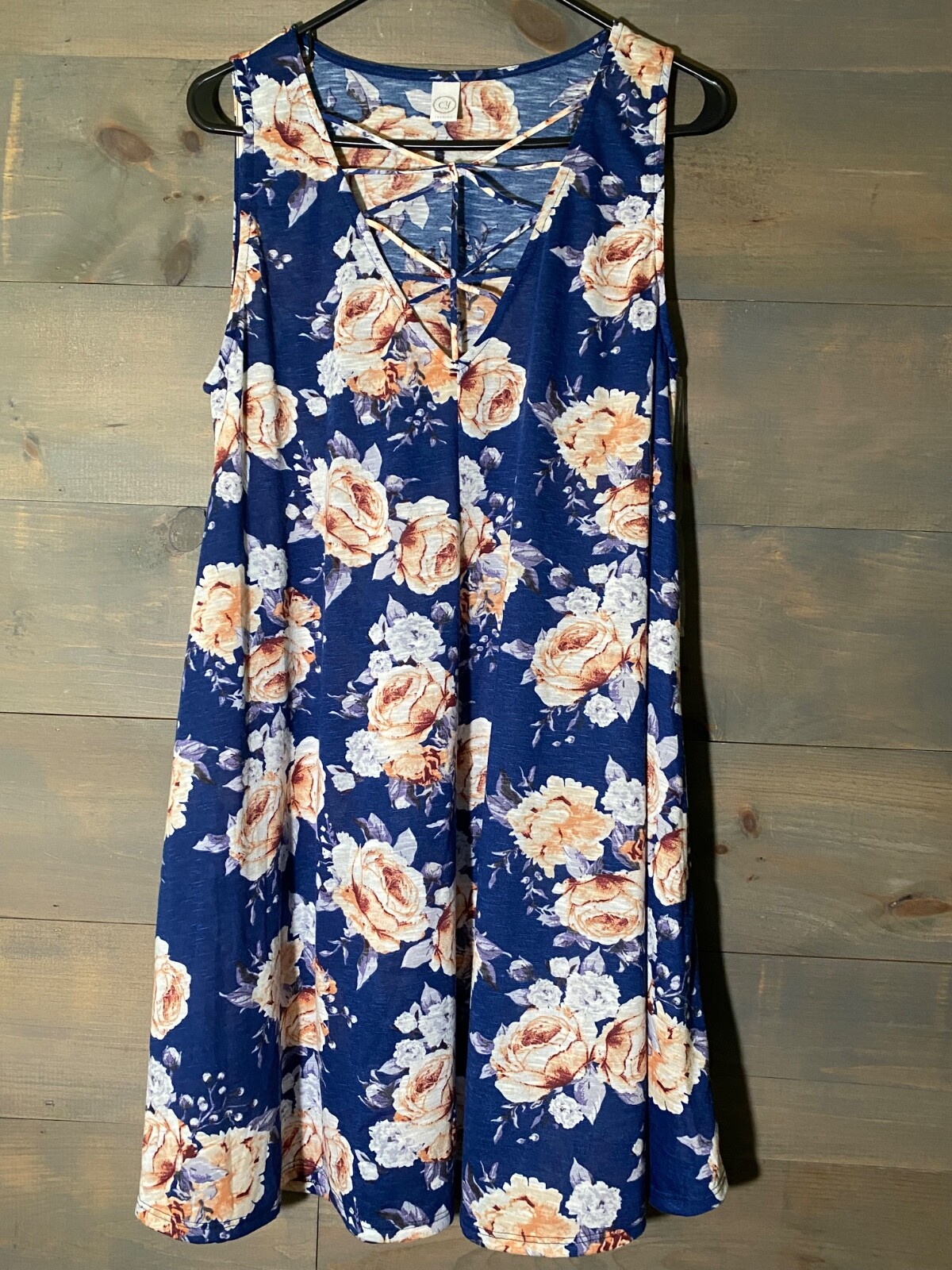 CY Fashion Womans Sz M Dress Blue Floral sleeveless pullover cut out front