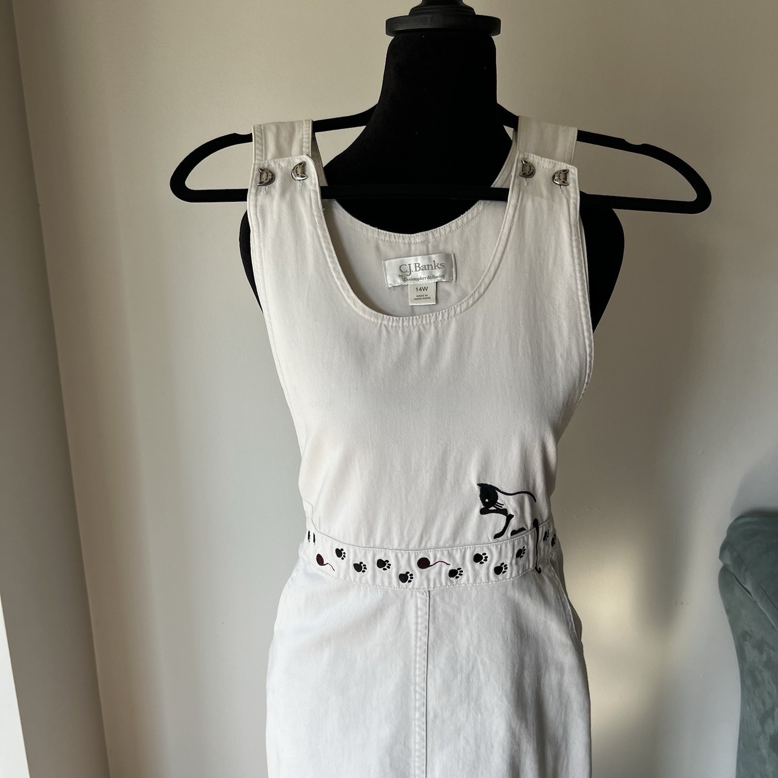 Black Cat Embroidered Cream Pullover Dress Cat Buttons Pockets One Of A Kind