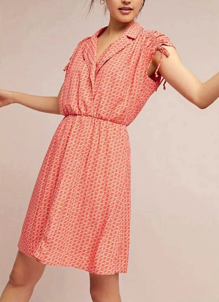 Maeve Red/White Geometric V-Neck Cap Sleeve Faux Wrap A-Line Knee Dress M