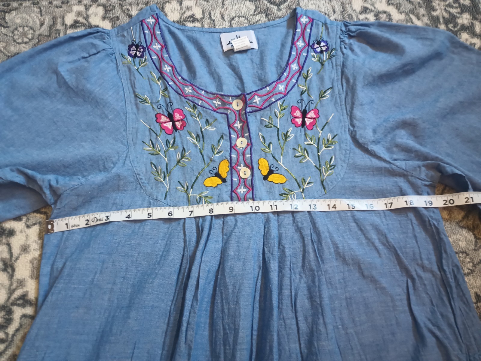 Metropolitan Womens Butterfly Chambray Denim Maxi Dress XL Embroidered Cottage