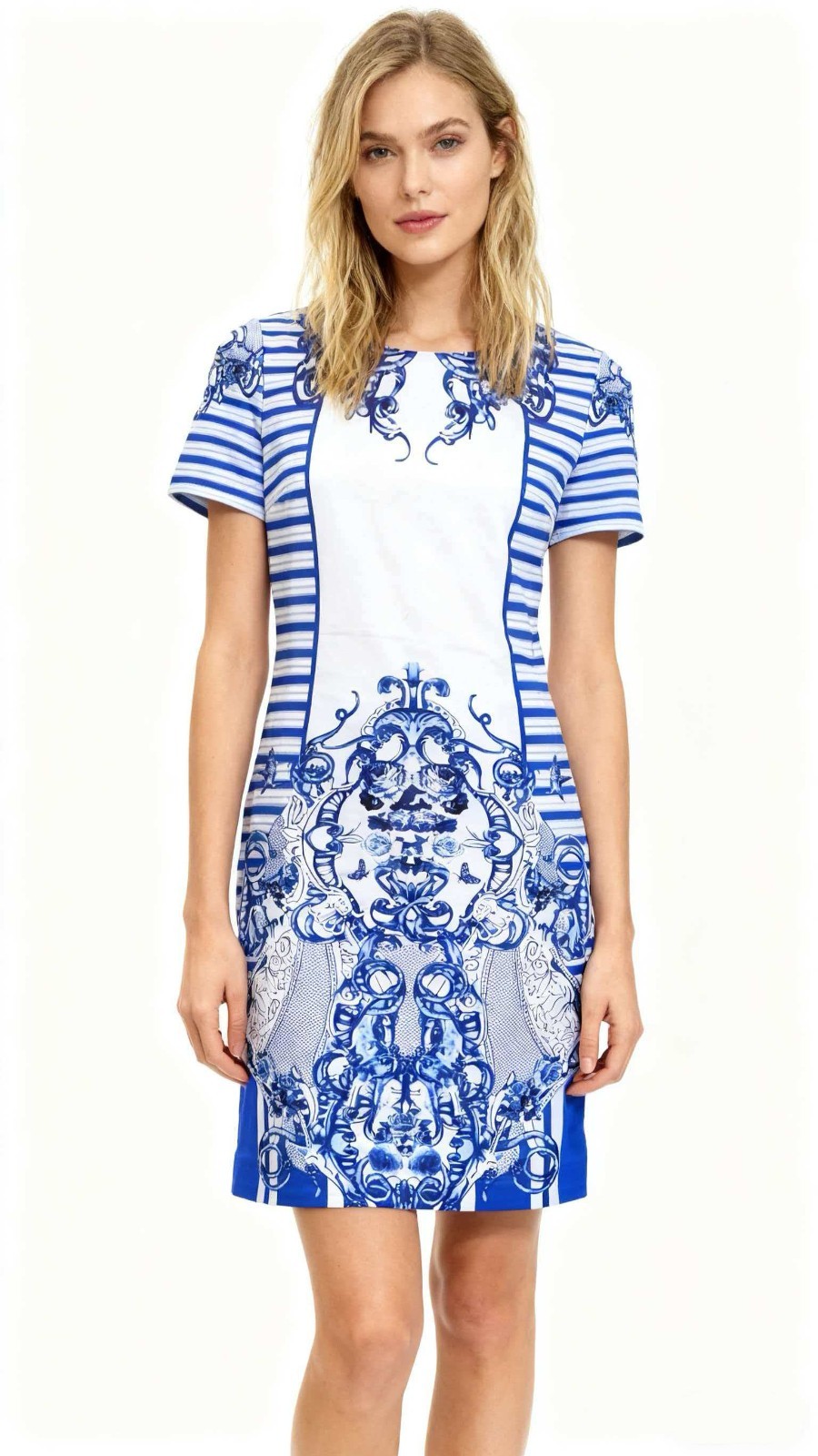 Women‘s Blue and White Porcelain Print A-Line Dress – Short Sleeve Flared Skirt