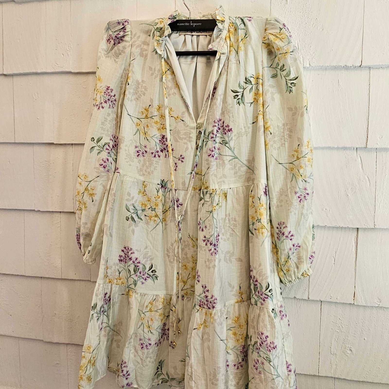 Taylor Floral Tiered Mini Dress Lyocell Ruffle Tie Neck Long Sleeve Women’s