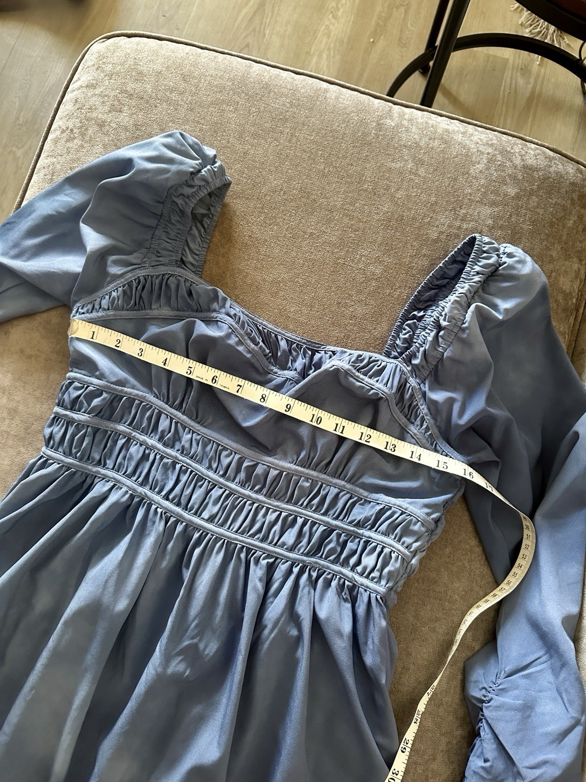 ASTR The Label Blue Dyed Smocked Puff Long Sleeve Mini Babydoll Peasant Dress L
