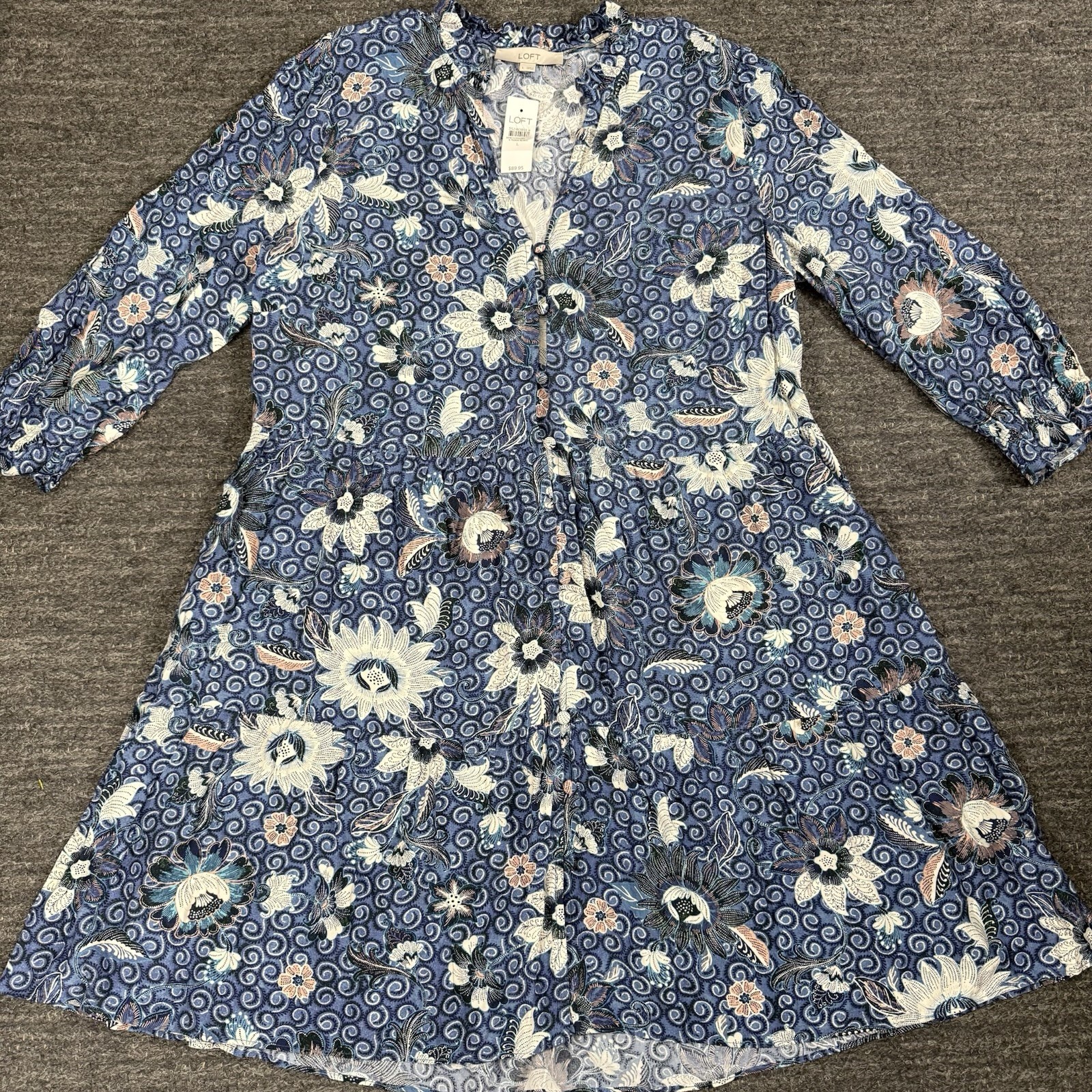 LOFT Dahlia Ruffle Button Mini Dress Women Large Blue Floral Print Tiered Boho