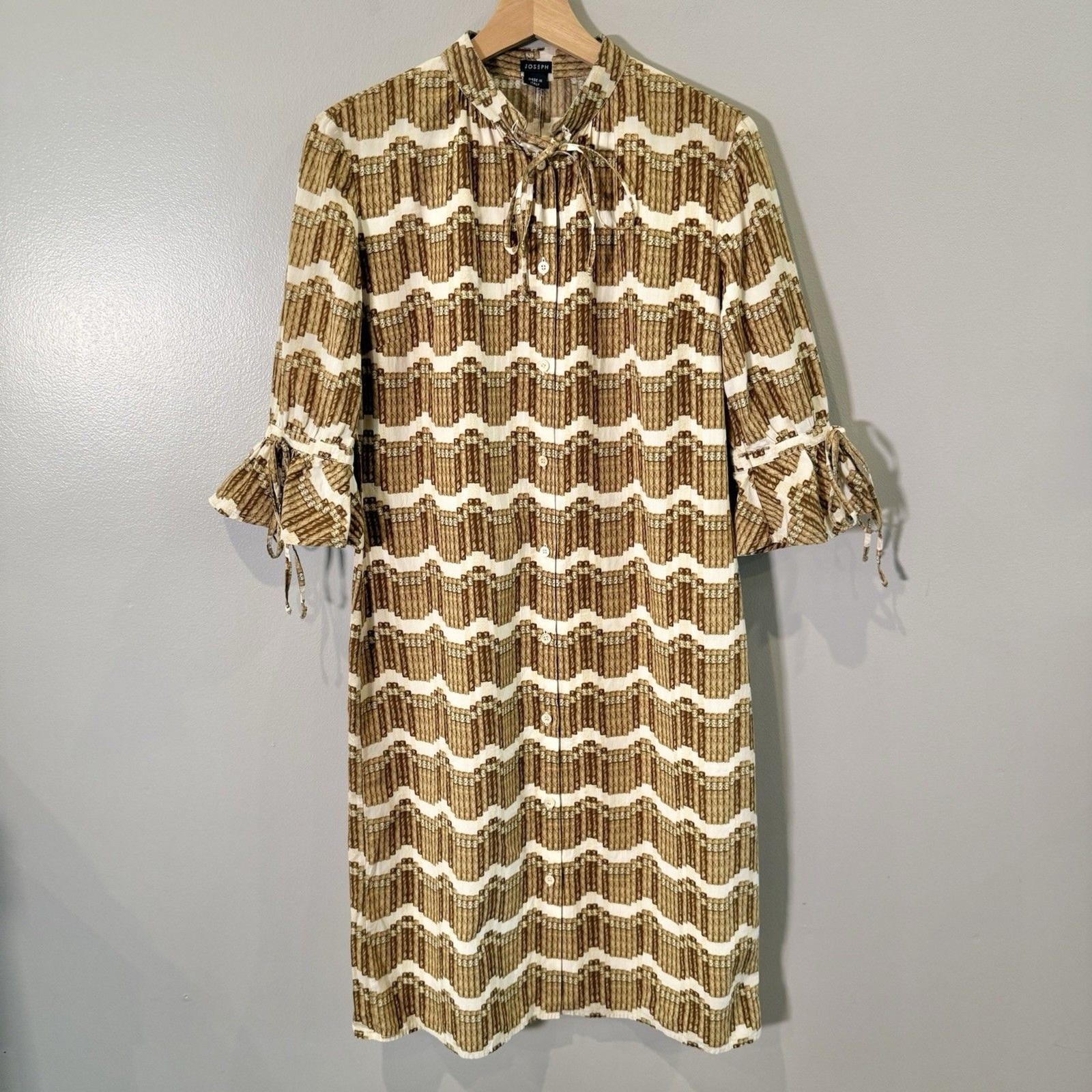 JOSEPH Shirt Dress Cigar Print Button Front Brown Cream Midi Sz 6-8 Made Italy