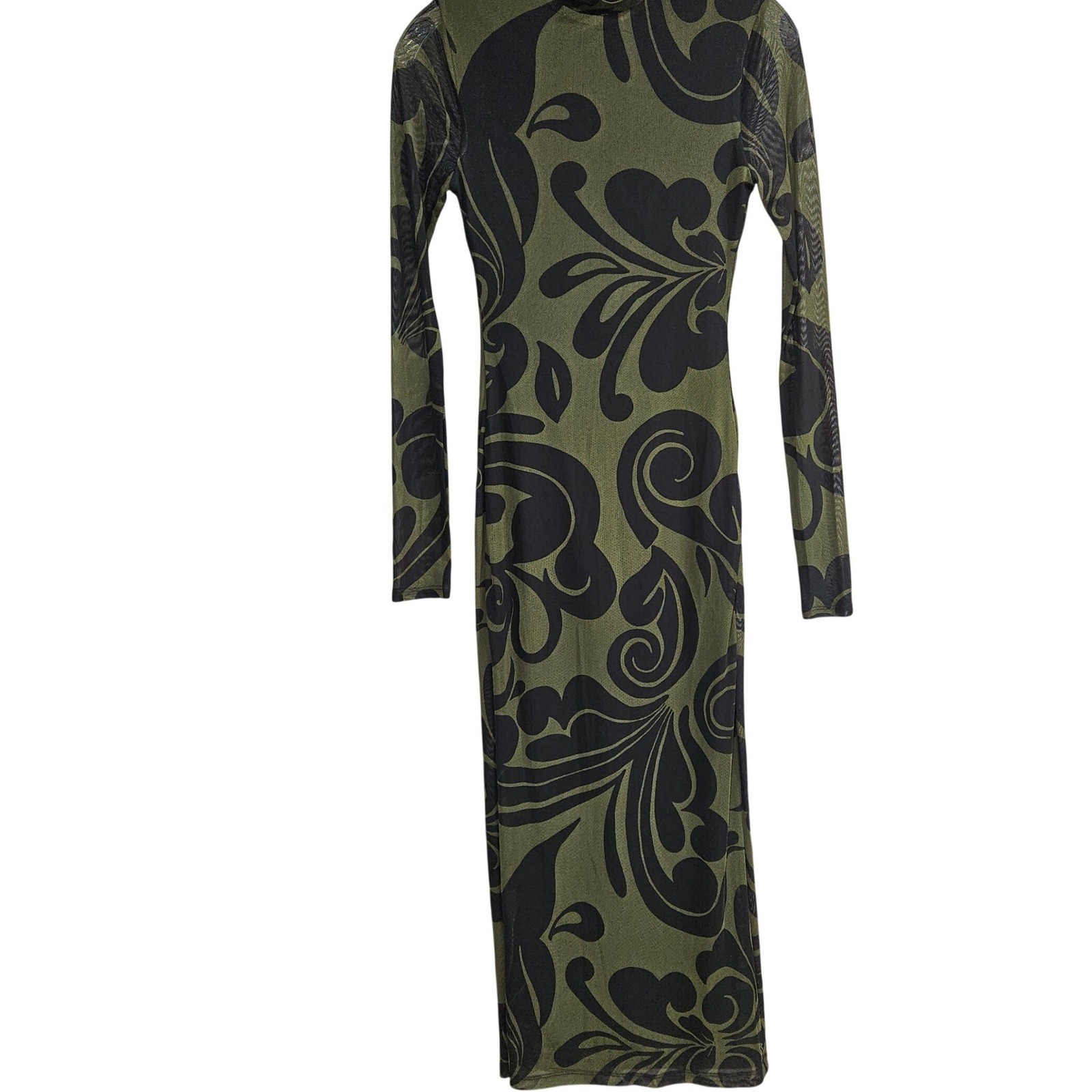 Premier Amour Womens Olive Grn Black Mesh Swirl Mock Neck Maxi Dress 2 P6TK2019