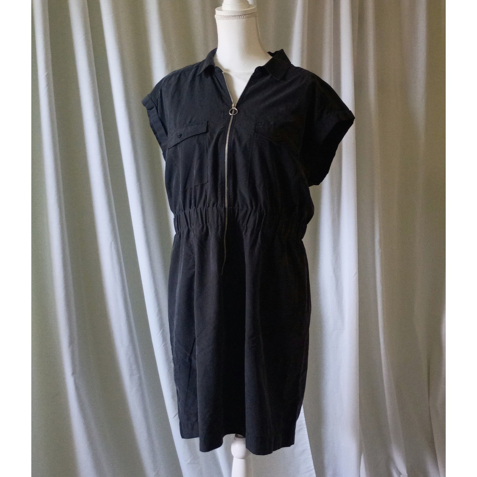 Express Black Zip Front Utility Shirt Dress Cap Sleeve Elastic Waist Small