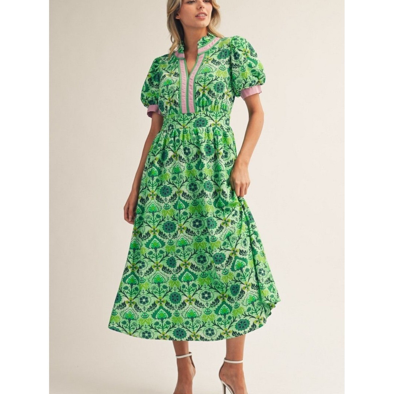 Jodifl Floral Cottagecore Midi Dress green pink NWT medium Southern Style