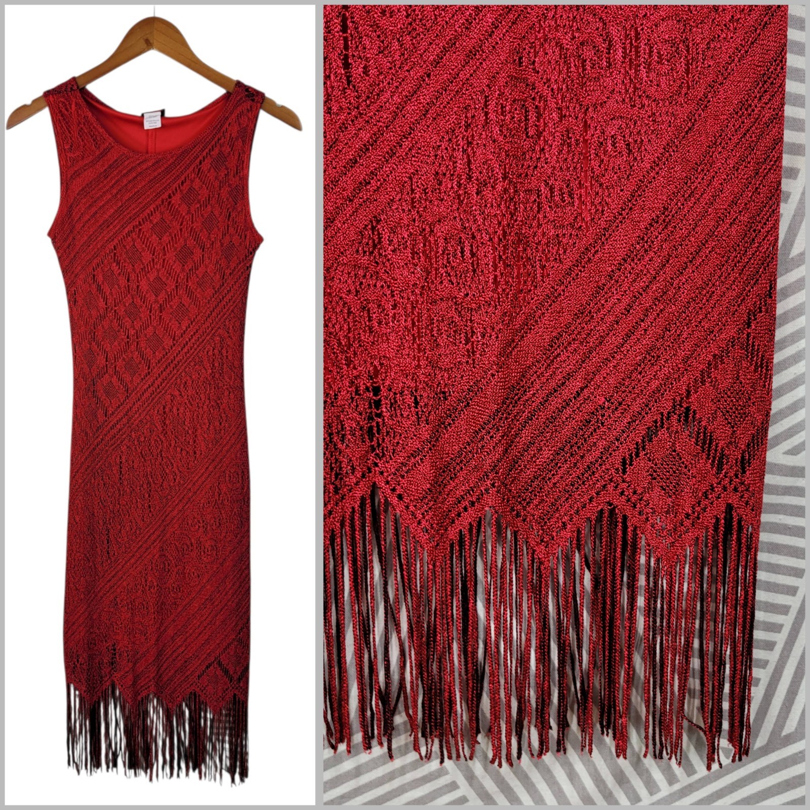 Vintage Crochet Fringe Lace Dress Size Small Medium Event Party Red Midi Stretch