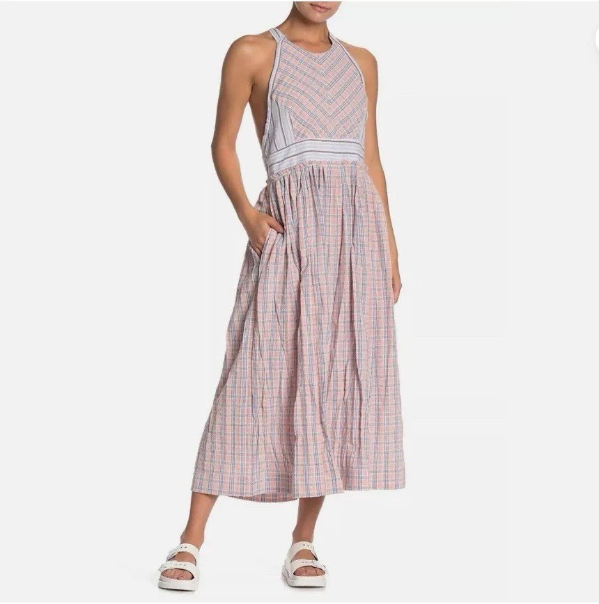 Free People Pink/White Plaid Halter Sleeveless Midi Sundress XL Backless Pockets