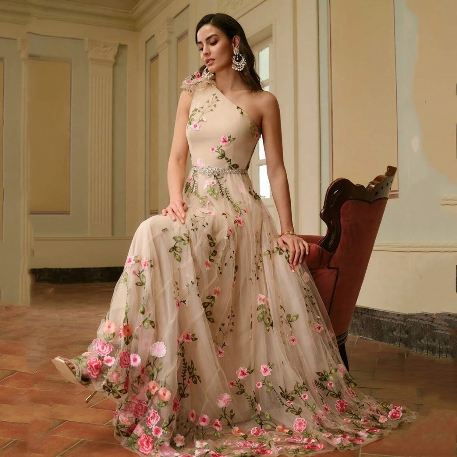 Wedding Party Dresses Happy Evening Dresses Woman Prom Dress Floral Fabric Dress
