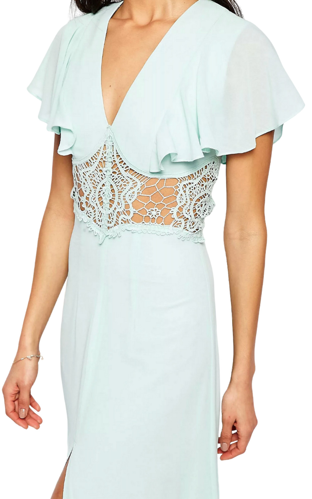 JARLO MINT GREEN EDITH LACE INSERT FLUTTER SLEEVE MAXI DRESS WEDDING US 6 UK 10
