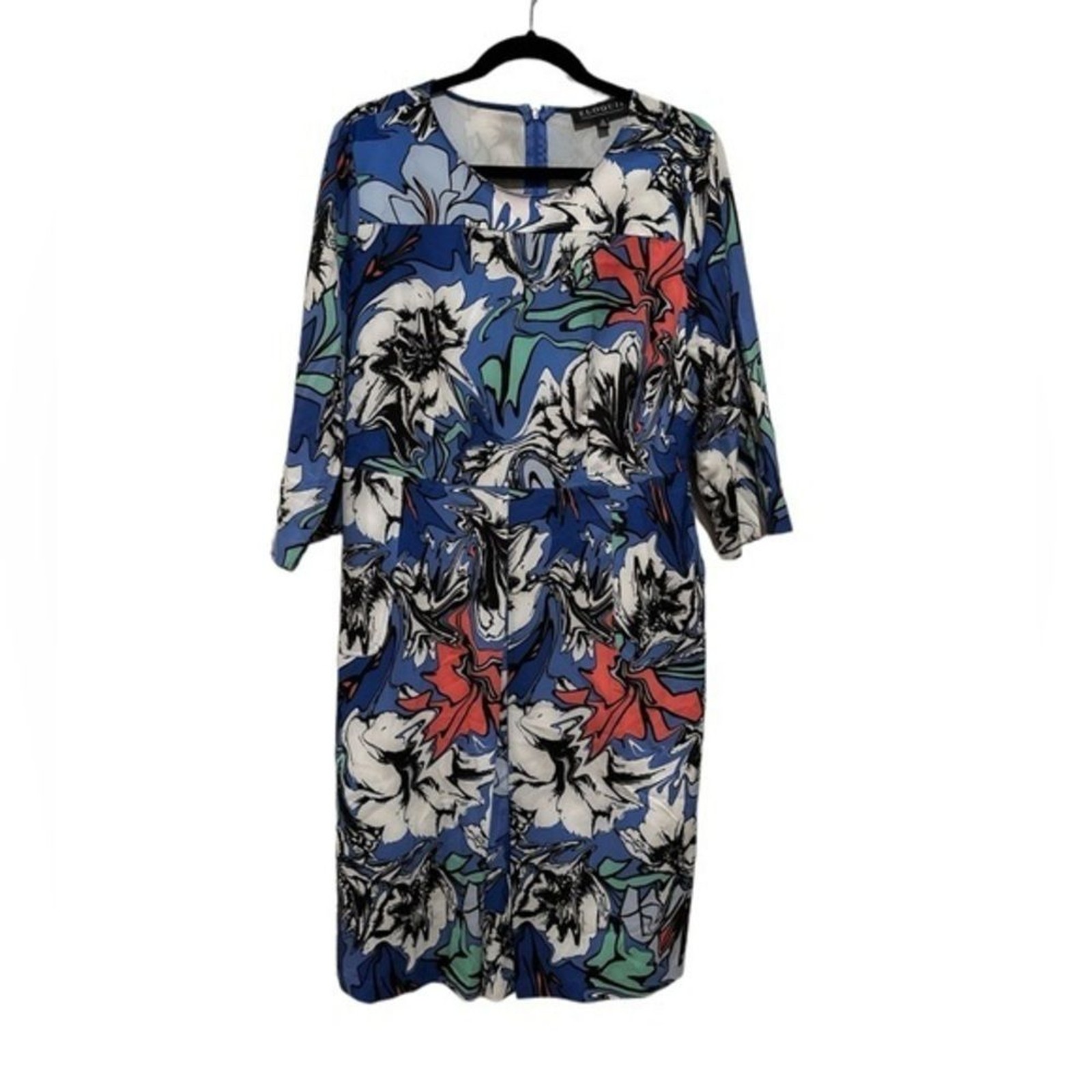 ELOQUII FLORAL BOHO LONG SLEEVE ROUND CREW NECK BLUE GREEN WHITE DRESS 14