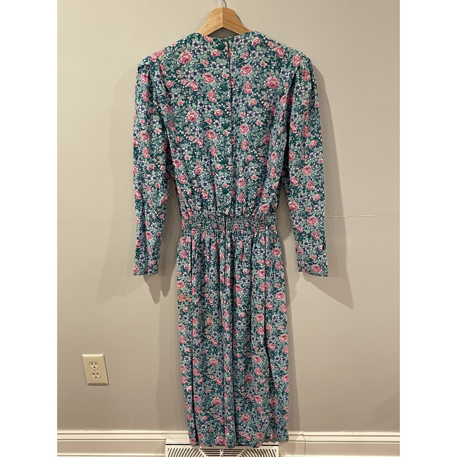 Vintage 80’s Karin Stevens Dress Size 8 Green Floral Cottagecore Retro Prairie