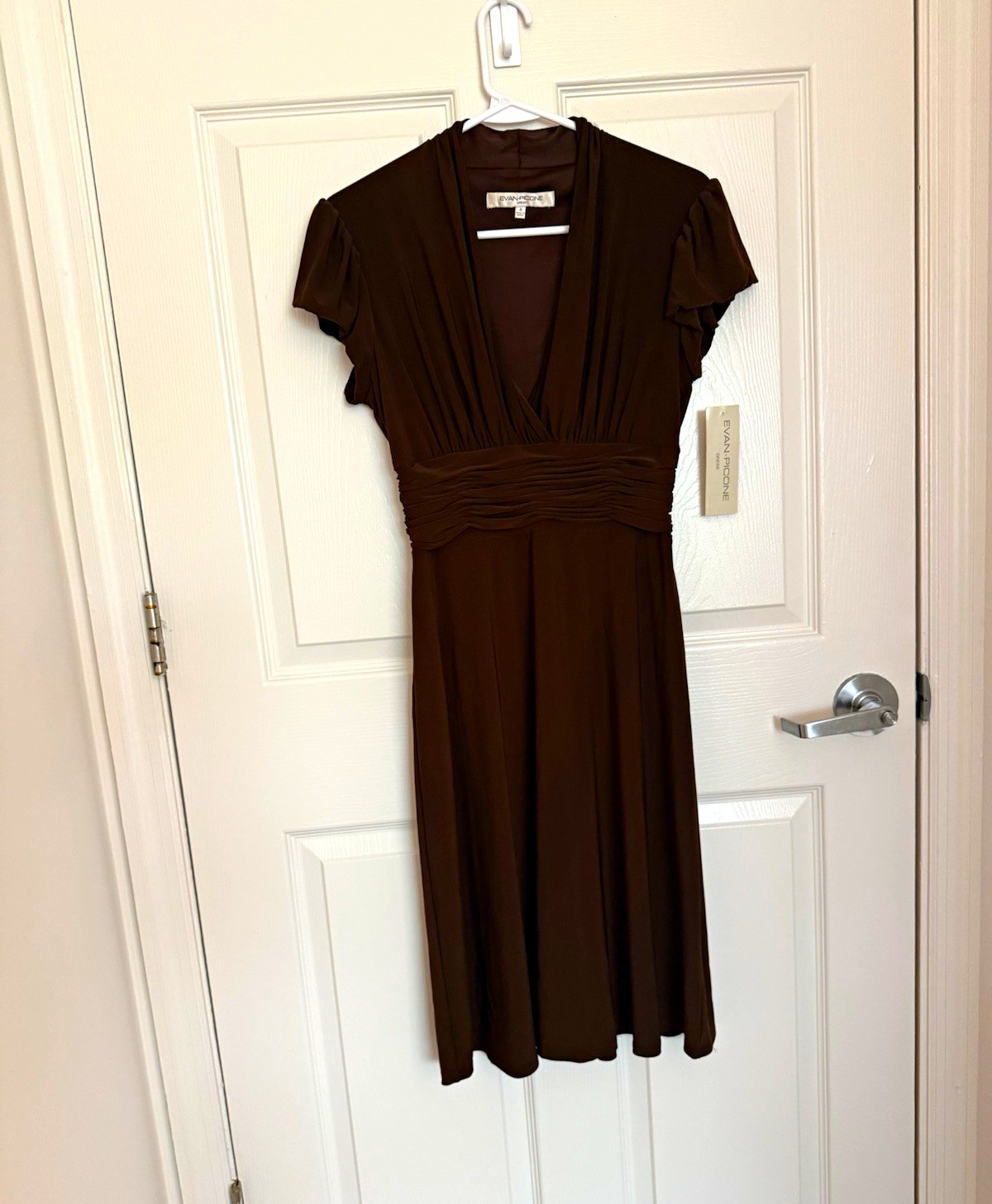 Evan-Picone Brown Solid V-Neck Ruched Flutter Short Sleeve Midi Dress 4