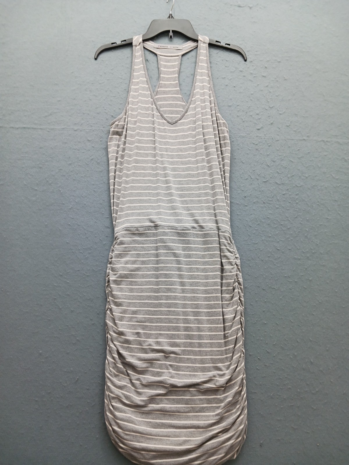 Athleta Women M Dress Gray Striped V-Neck Sleeveless Ruched Racerback Bodycon
