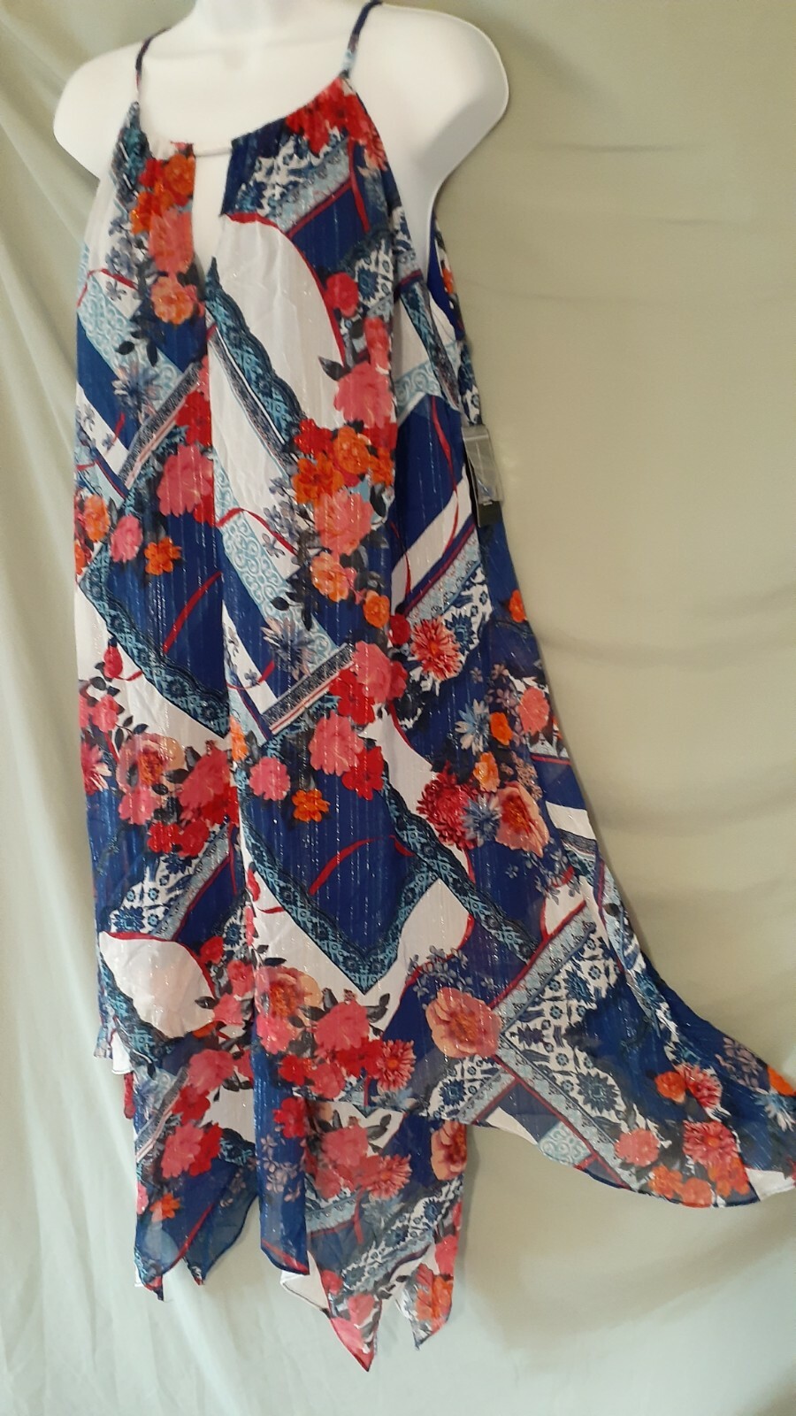 INC Blue Red White DRESS Long Sleeveless Sexy Floral Plus 1X 44″ BUST