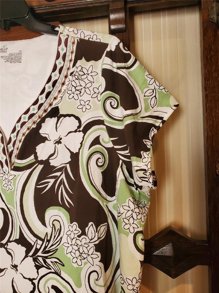 NWT CABERNET COTTON SPANDEX SHORT CAFTAN MUU PATIO HOUSE DRESS GRN/BROWN 2X