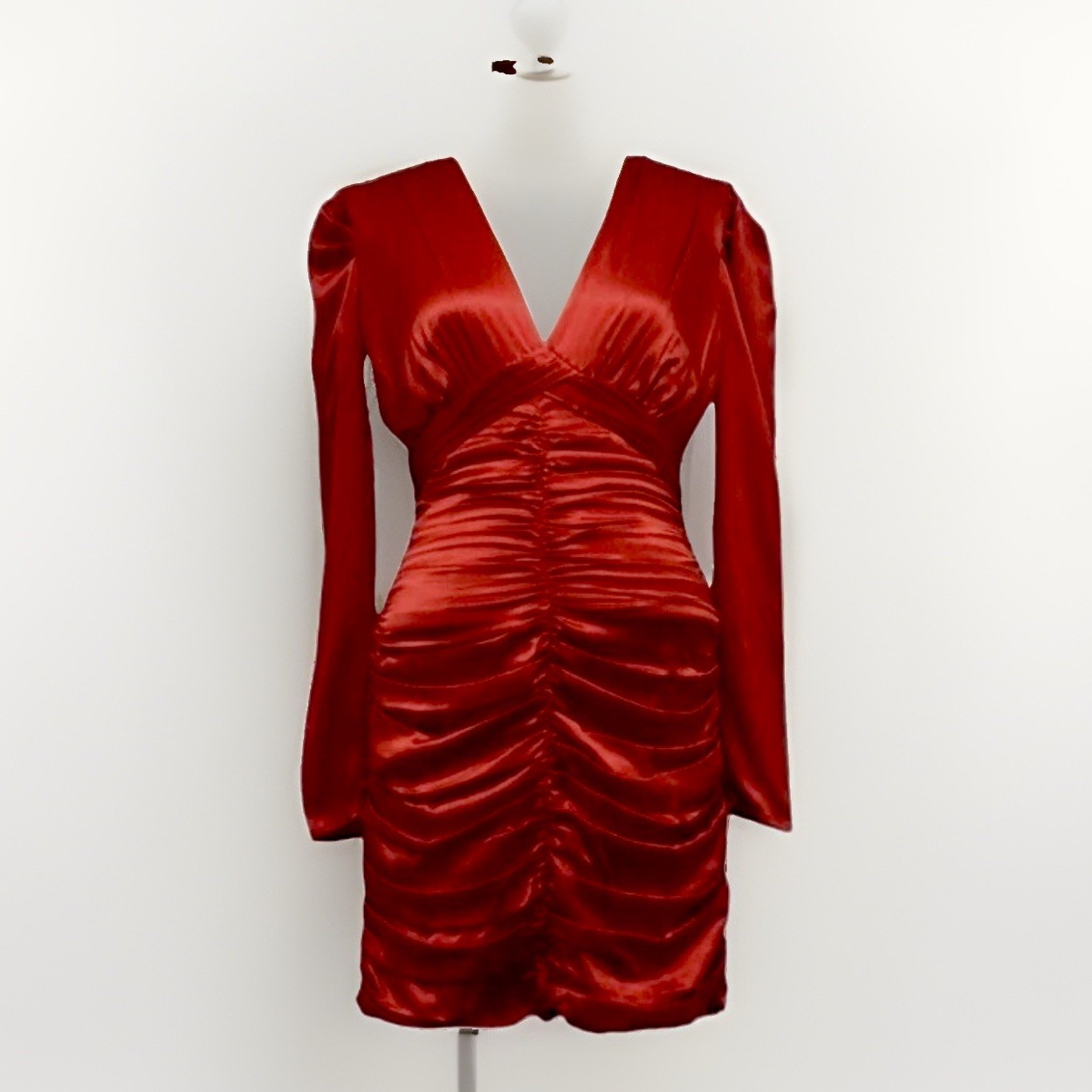 NEW NICHOLAS Gathered Party Dress Size US 14 Scarlett Red Ruched Long Sleeve