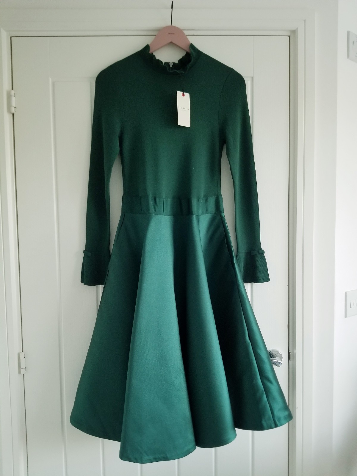 Ted Baker Zadi Midi Dress Knitted Bodice Green Long Sleeve Size 4 UK 14 BNWT