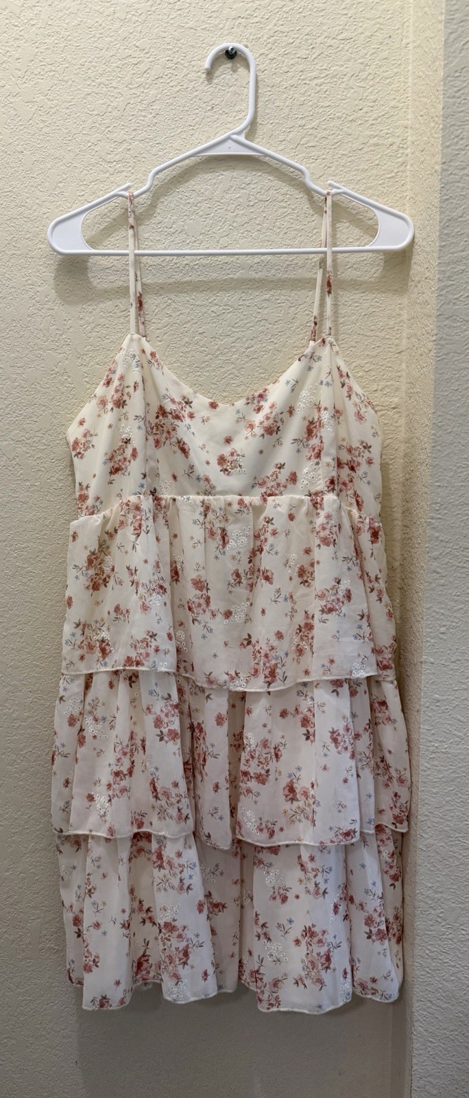 Altar’d State Floral Ivory/Pink Mini Dress Scoop Neck Ruffle Eyelet XL