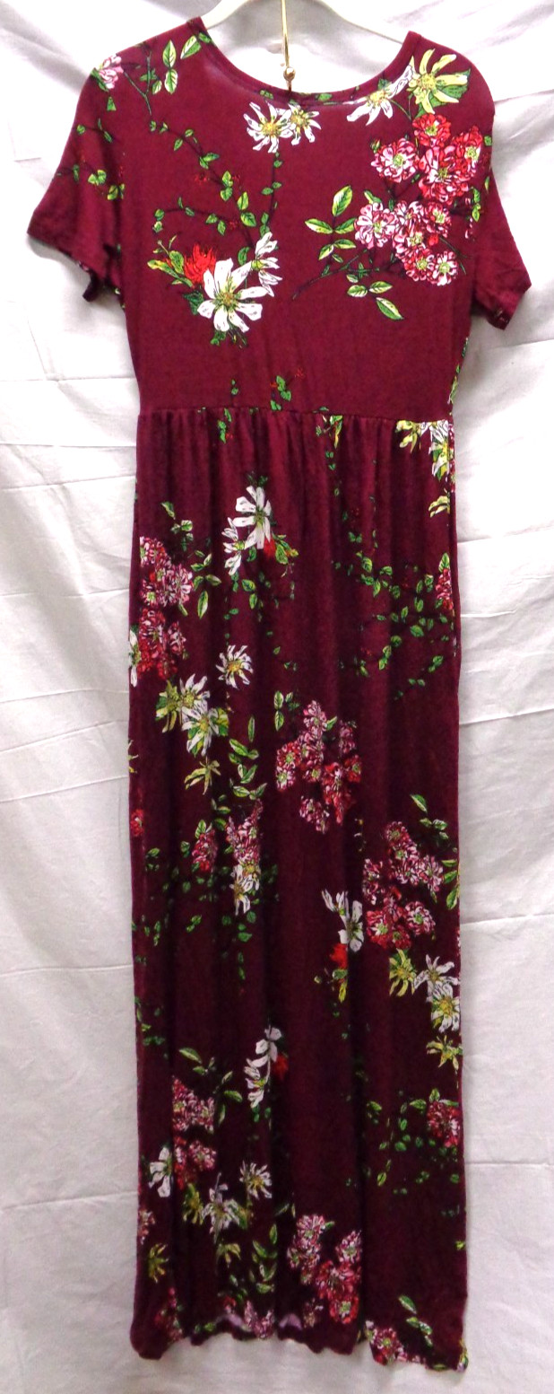 Women’s VIISHOW Short Sleeve Pullover BURGUNDY FLORAL Long Maxi Dress Size M