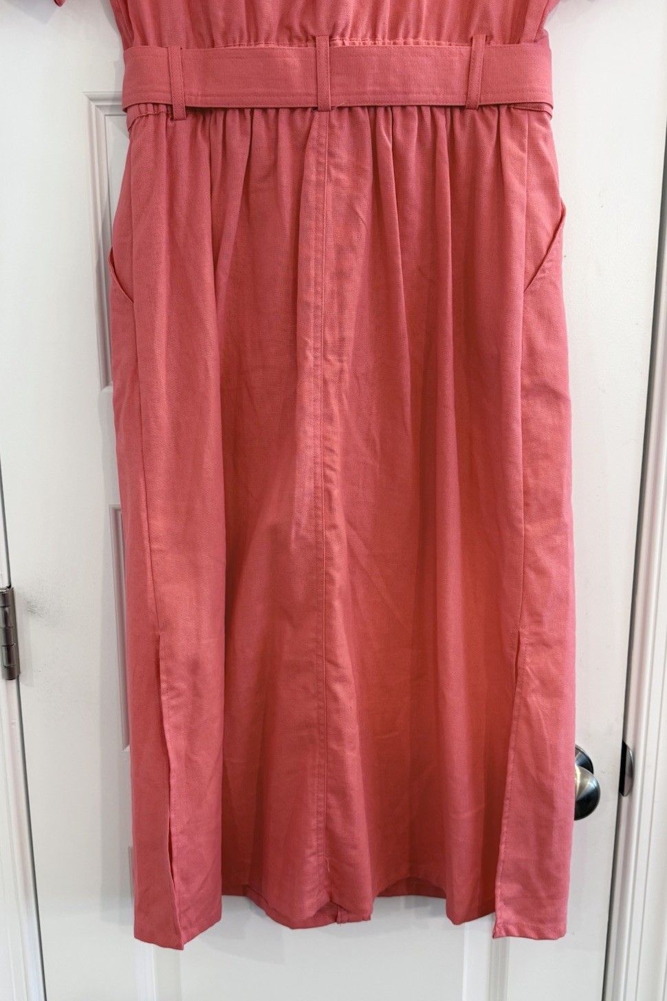 Linen Blend Button Front Shirt Dress Coral Belted Size M NEW