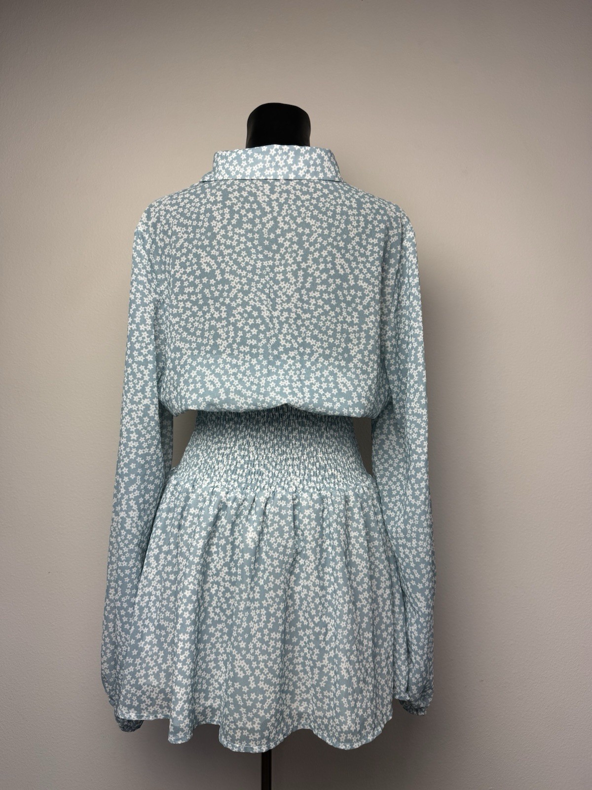 Women’s Blue Floral Long Sleeve V-Neck Mini Dress Size Large Smocked Waist