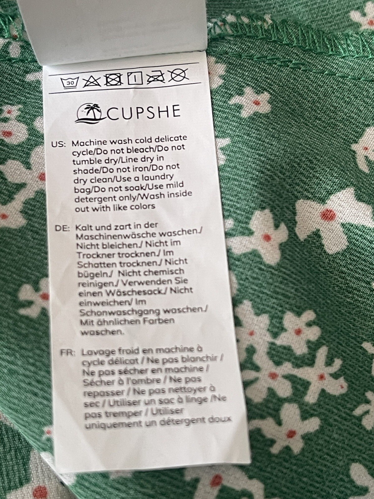 Cupshe Dress Green White Floral Sz L V Neck Gathered Pullover Short Sleeve EUC