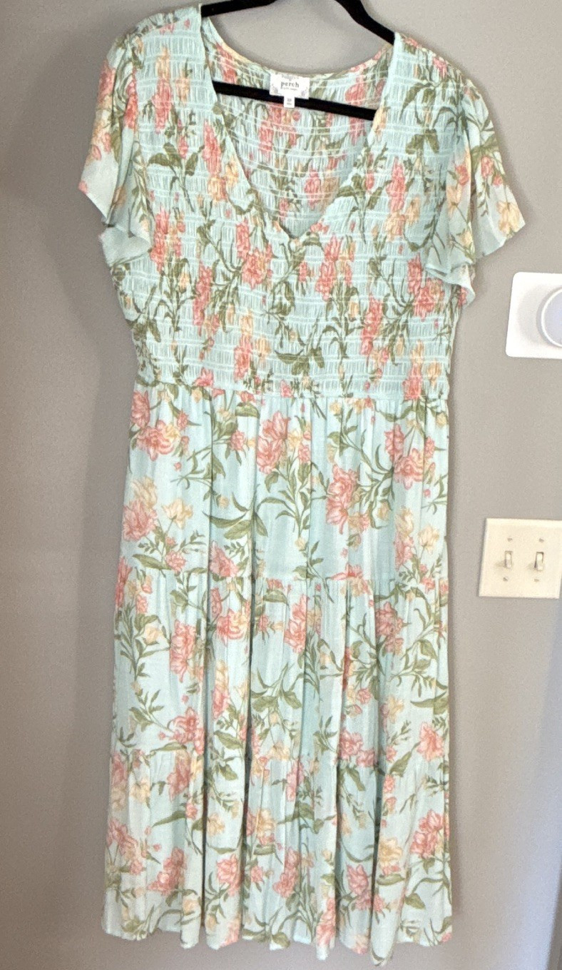 Perch by Blu Pepper 3X Plus Blue Pink Green Floral Smocked Square Neck Dress
