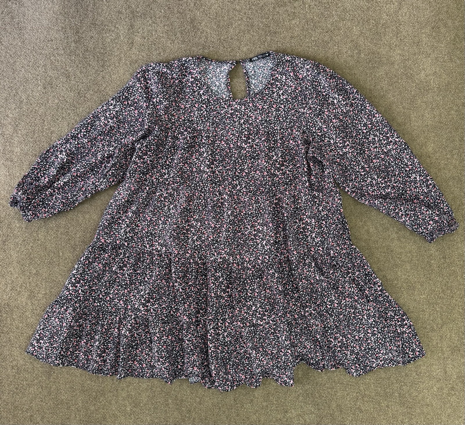 Zara Womens Dress Small Black Ditsy Floral Babydoll Tiered Cottagecore Prairie