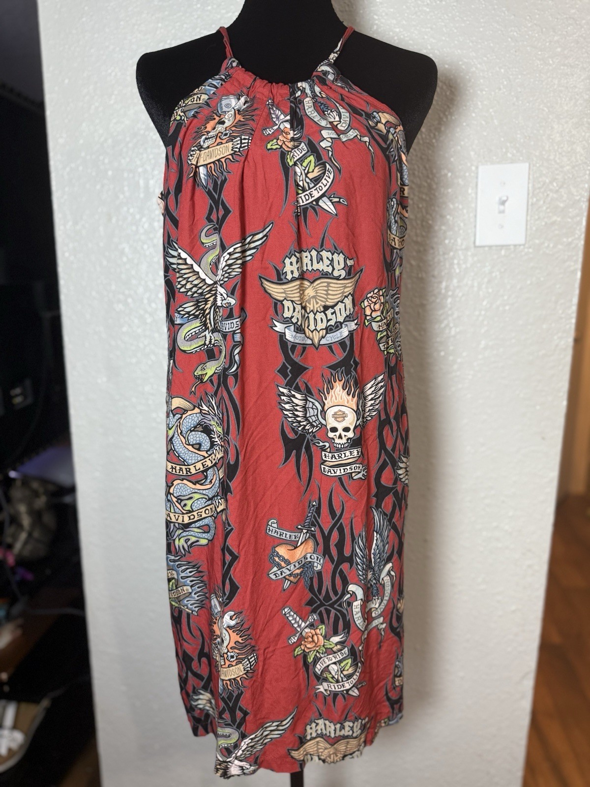 Rare Harley Davidson Tattoo Print Dress size m Y2K Biker Halter Red 100% Viscose