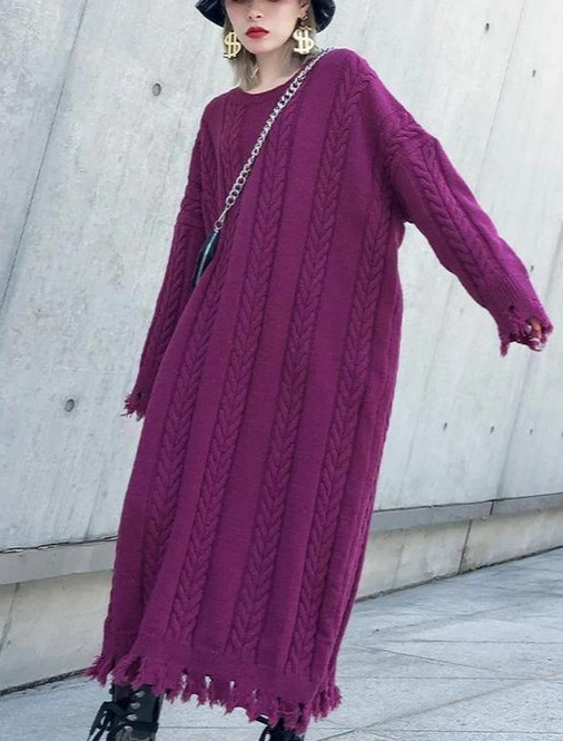 COZY! OVERSIZED PURPLE CABLE KNIT WOOL BLEND CHUNKY LONG DRESS SWEATER