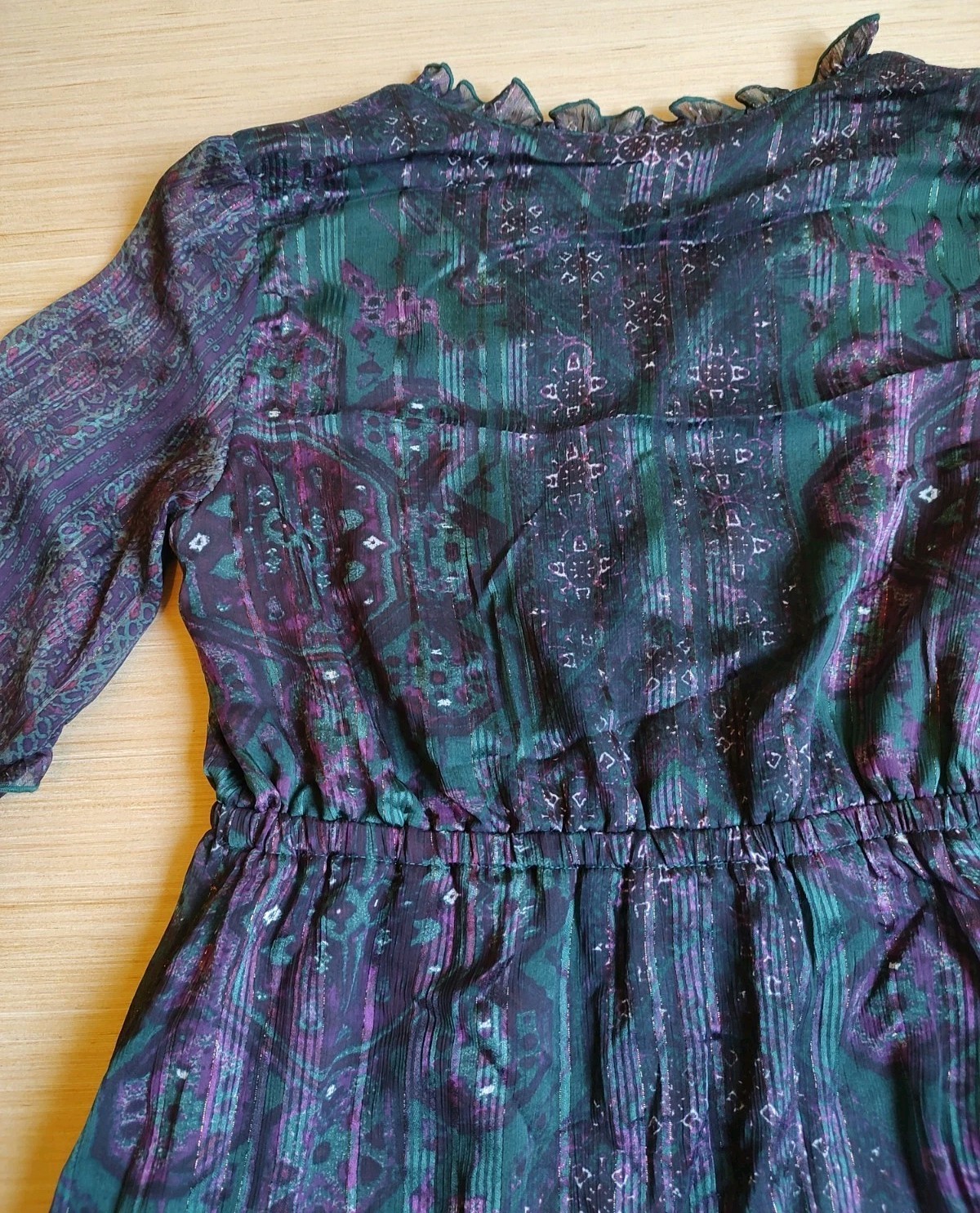 Frye Knee Length Dress Ruffle Buttons Lurex Green Purple Floral Size M Women’s