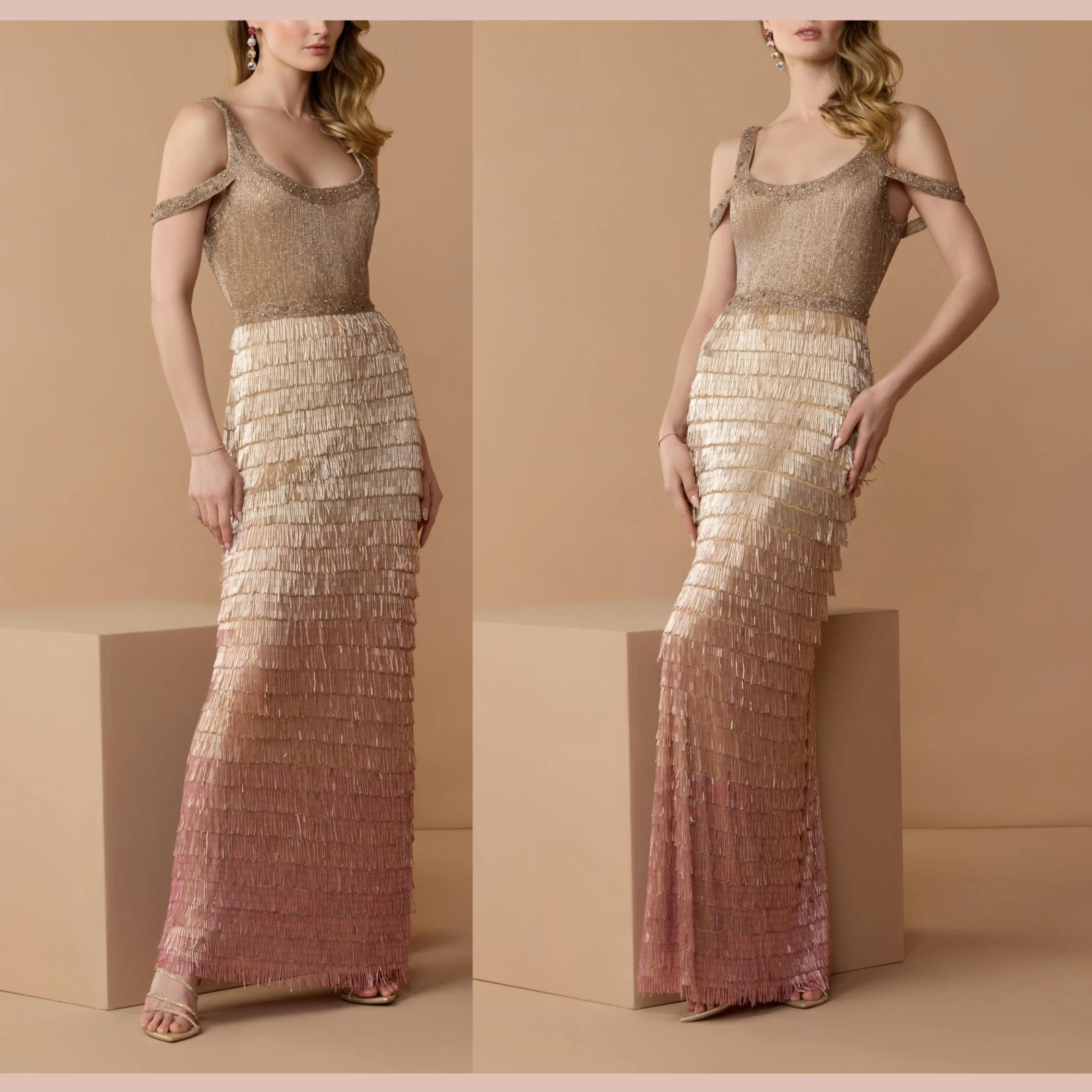 NEW Mac Duggal [ 8 ] 6032 Scoop Neck Embellished Fringe Gown Pink Ombre #J2342