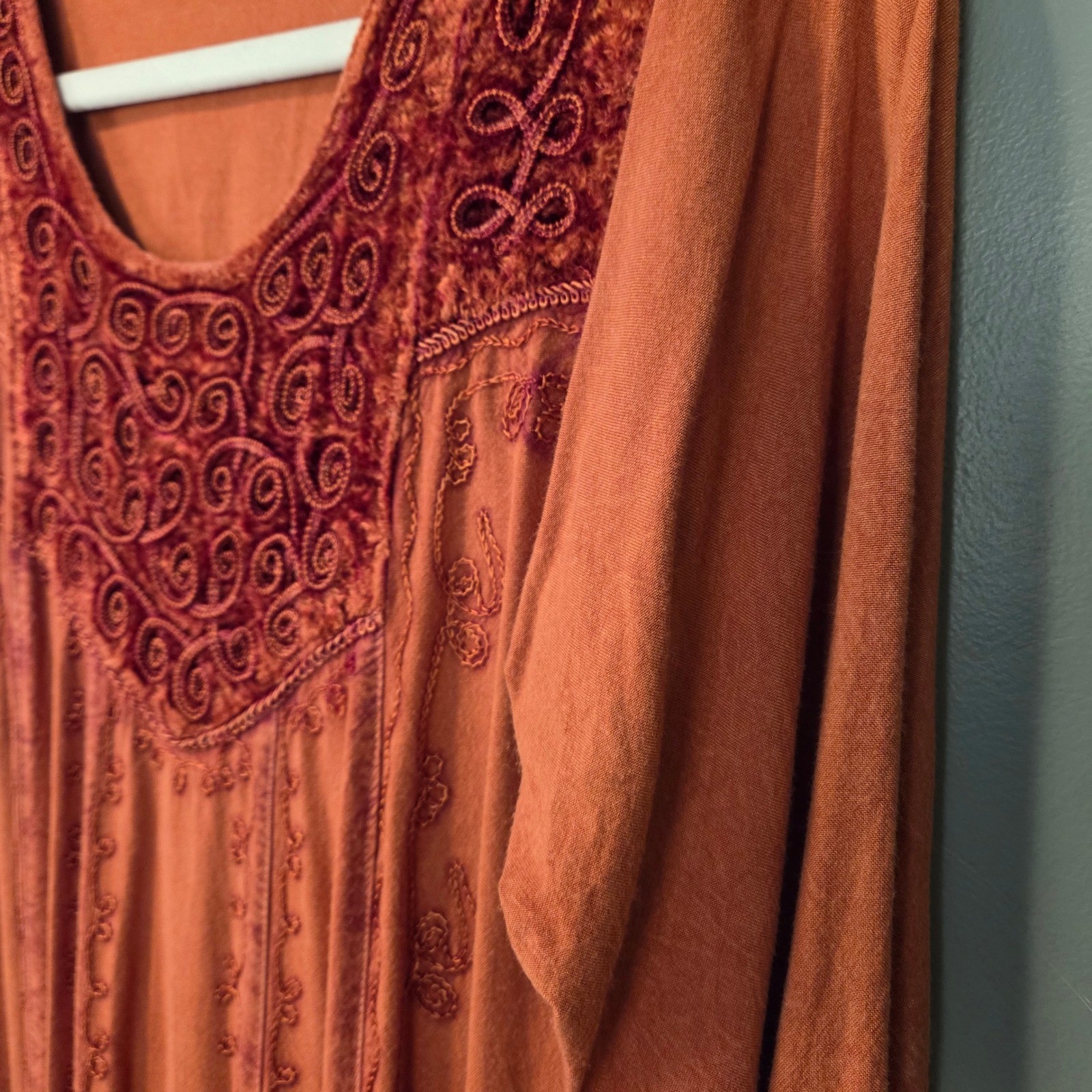 Women’s Tunic Boho Shirt Dress Size S/M Embroidery Tie Waist 3/4 Sleeves Hippie