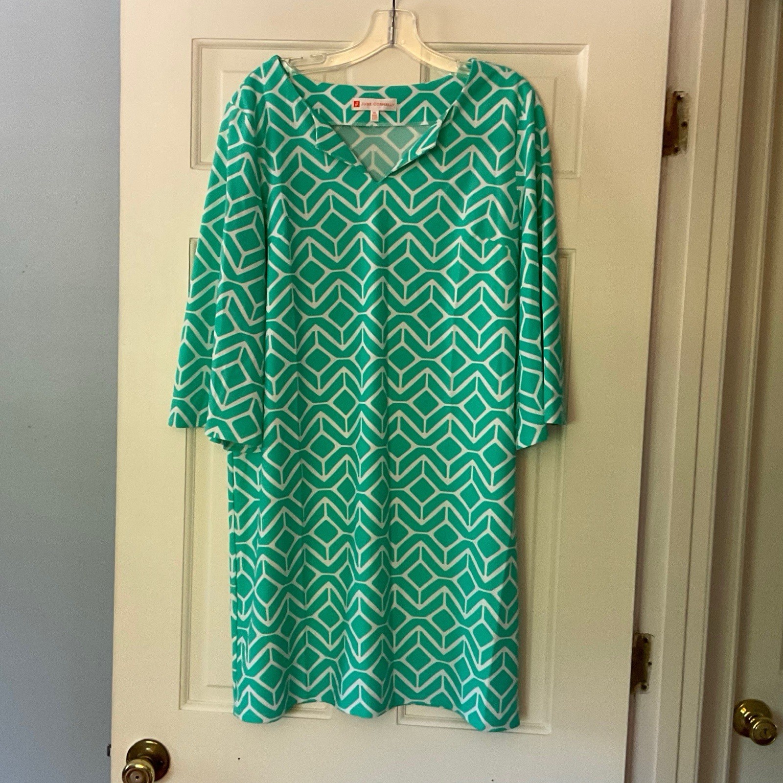 Jude Connally Jude Cloth Shift Dress Green Geometric Print Women’s XL Preppy