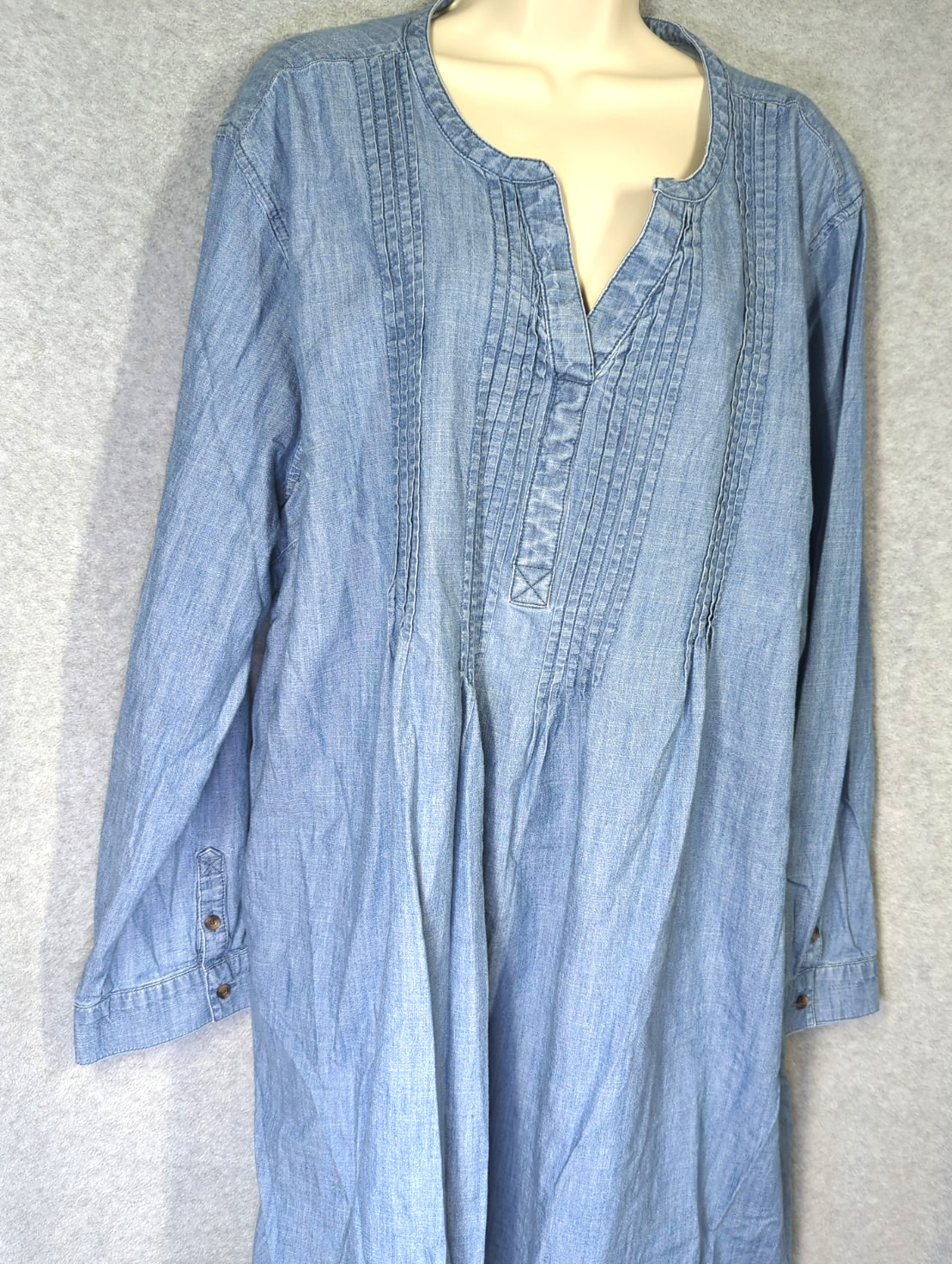 Plus Size 3X Shift Tunic Dress Cotton Lg Sleeve Pintuck Chambray Blue Relaxed