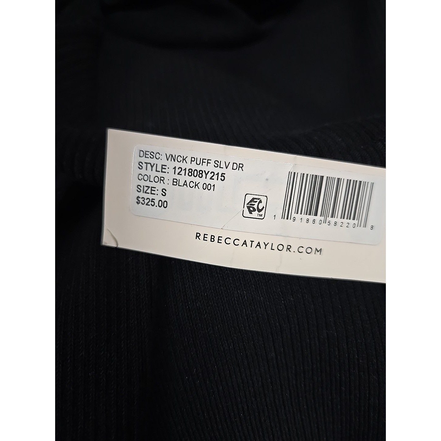 REBECCA TAYLOR Ribbed Knit V-Neck Puff Sleeves Midi Dress Stretch Black Size S