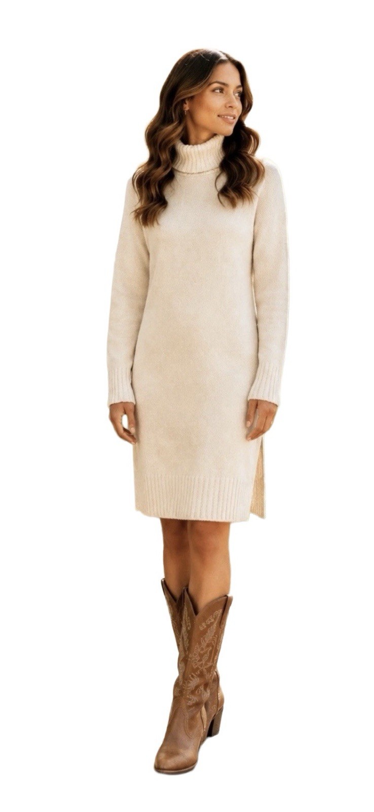 Zenana Oversized Turtleneck Sweater Dress Ivory Side Slit Soft Knit Size L NWT