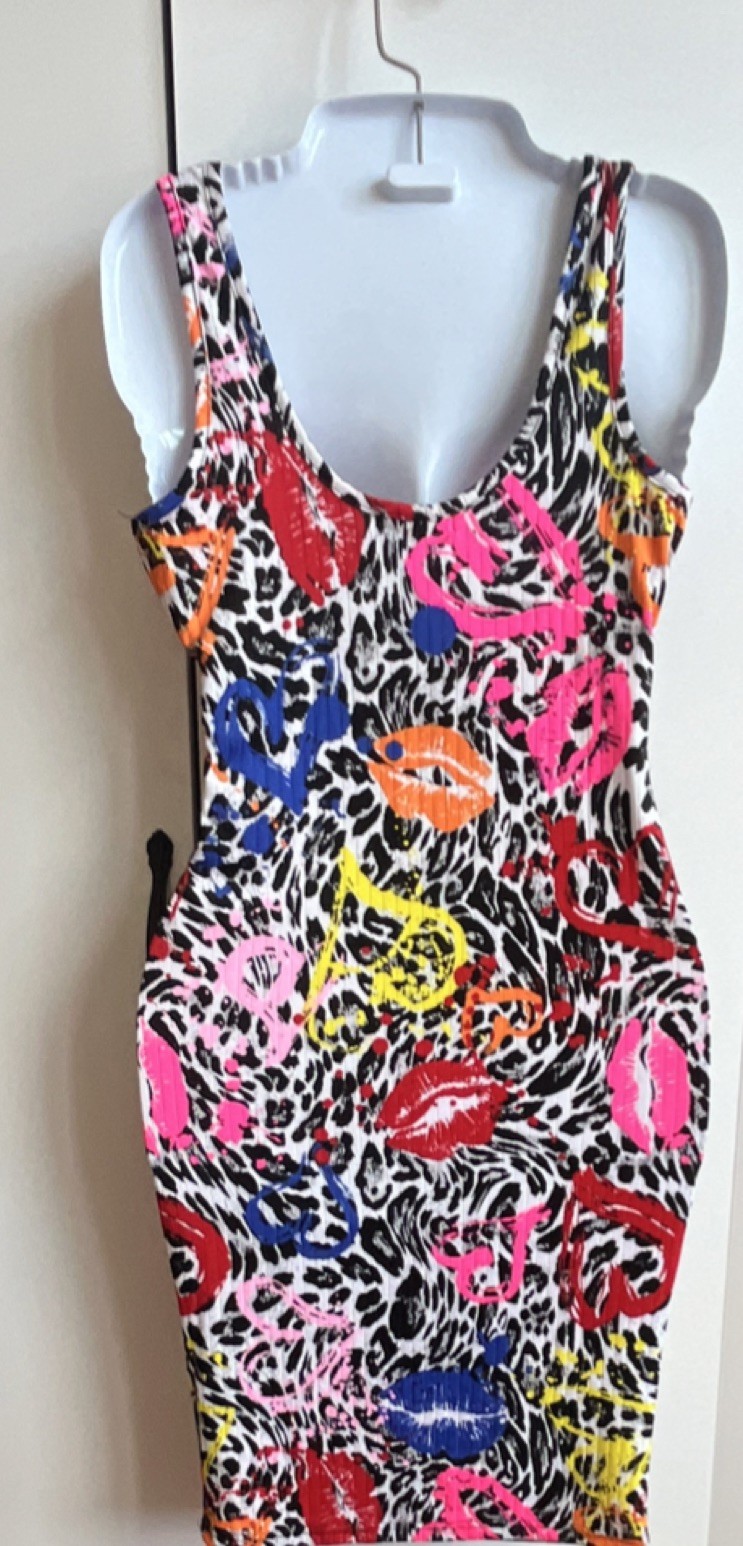 Full Circle Trends Multicolor Knit Bodycon Scoop Strappy Hearts Lips M